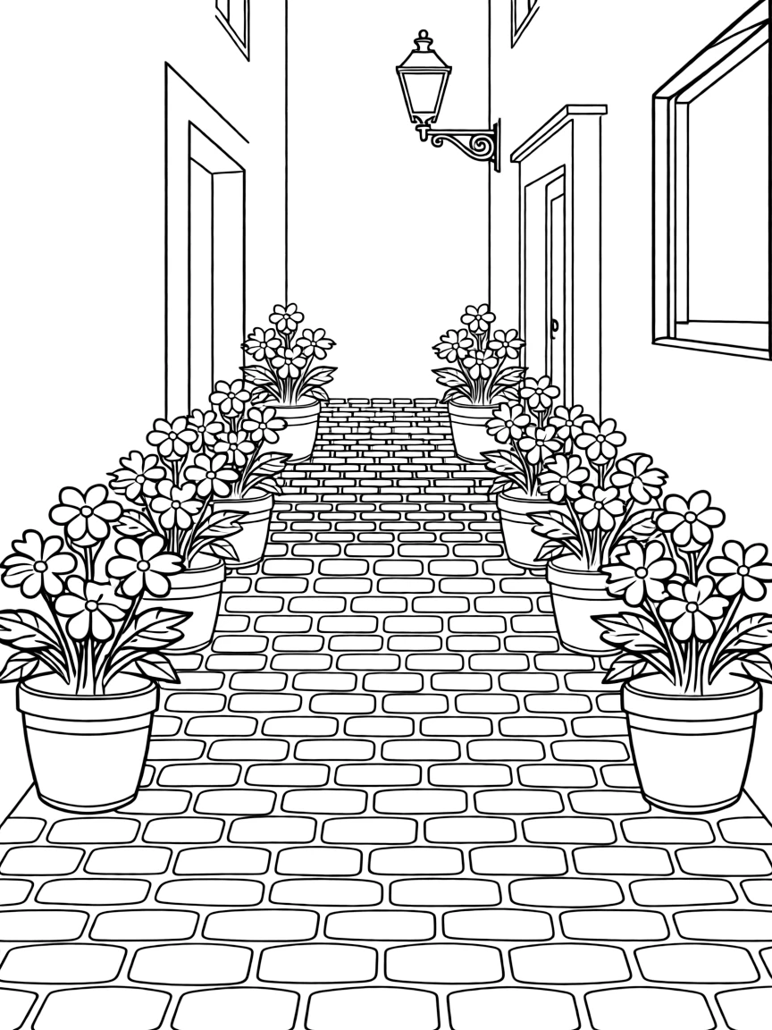 (Italy) A stone street lined with flower pots