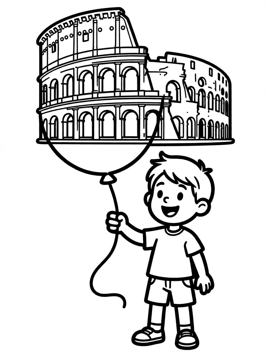 (Italy) A child holding a balloon shaped like the Colosseum