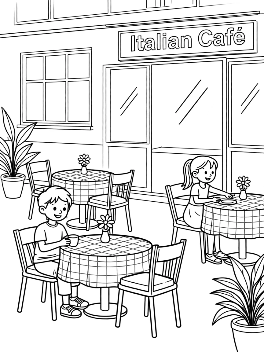 (Italy) A café with red and white checkered tablecloths