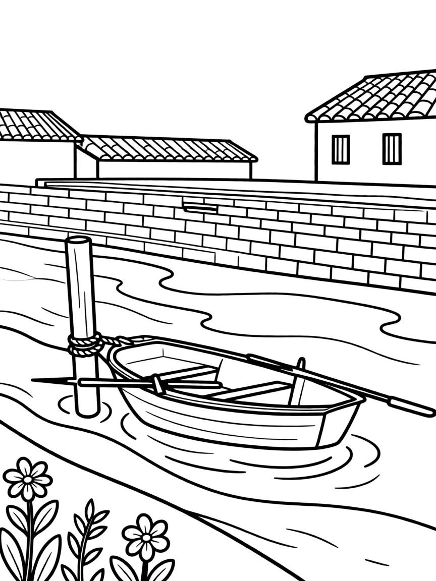 (Italy) A rowboat tied up in a quiet canal