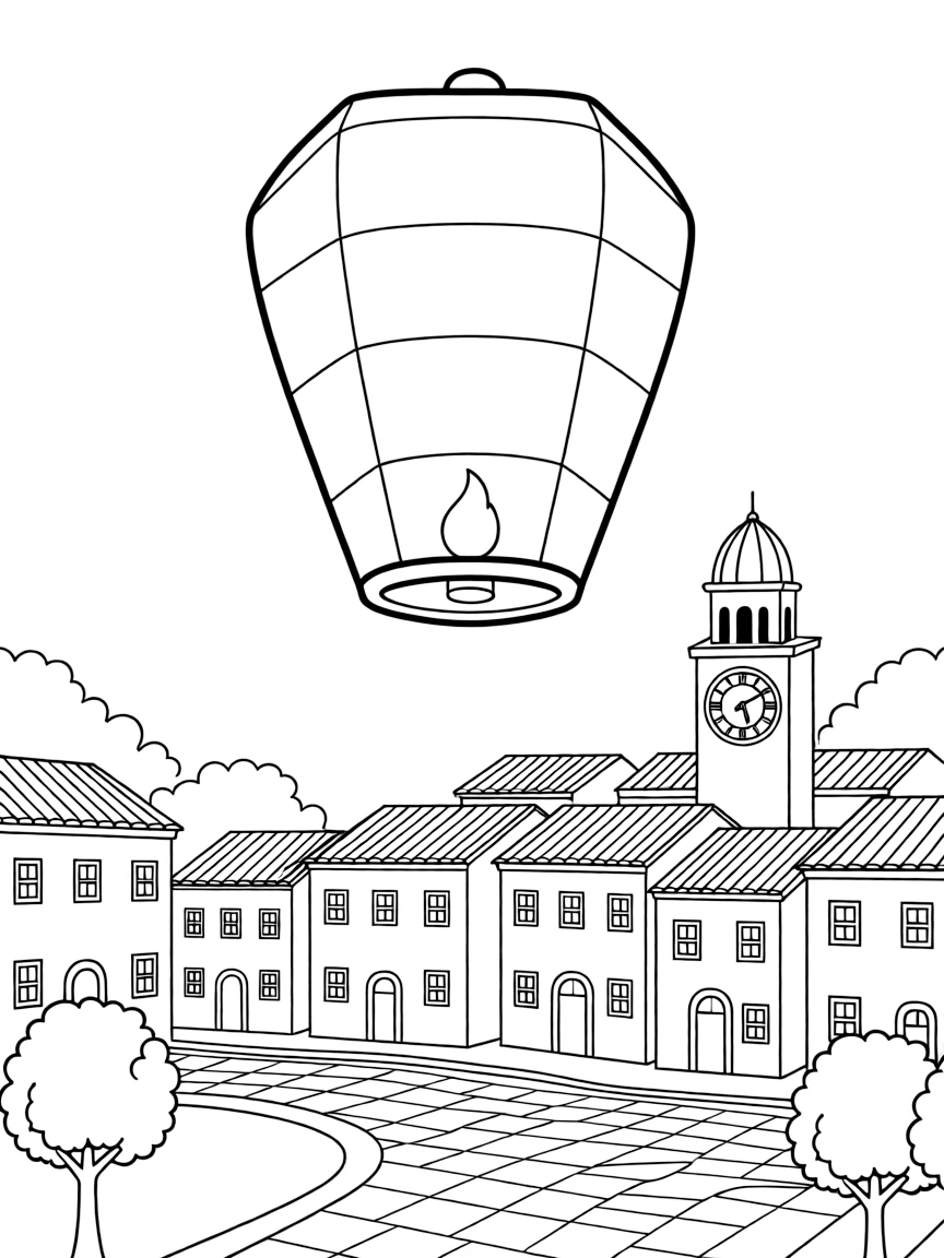 (Italy) A paper lantern floating over an Italian town