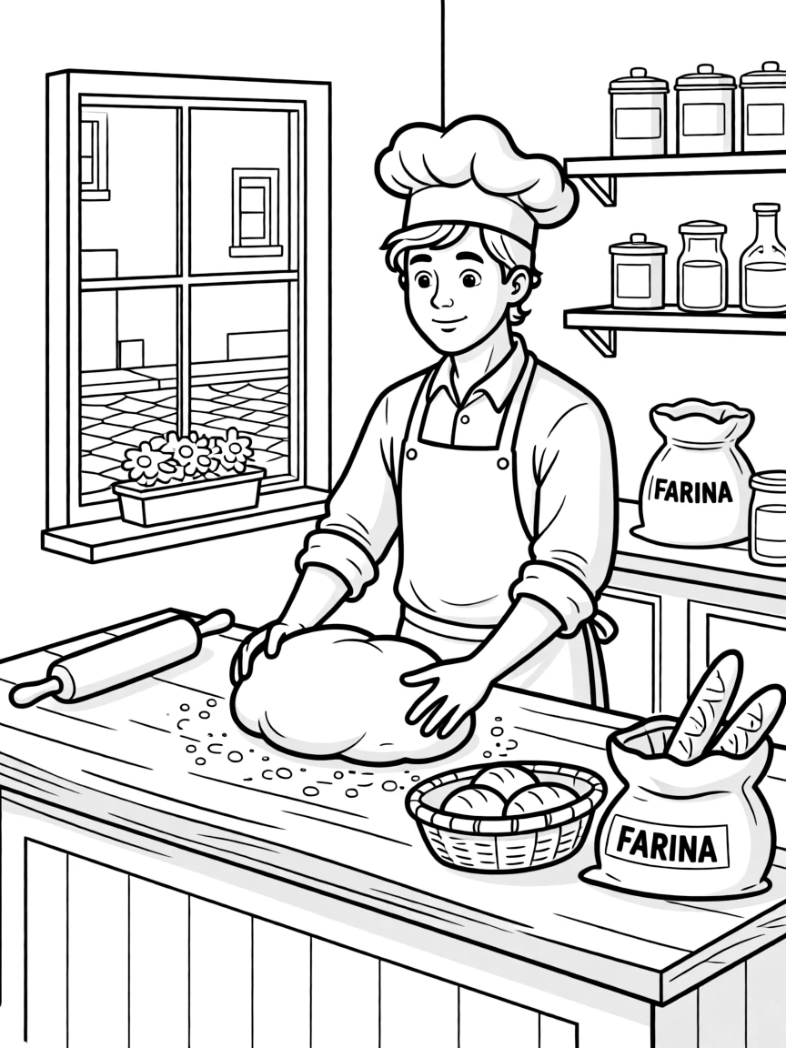 (Italy) A baker kneading dough in a small shop
