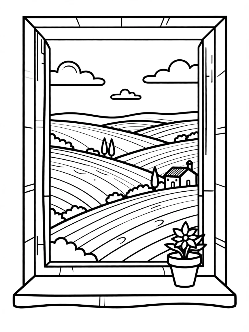 (Italy) A window view of rolling Italian hills