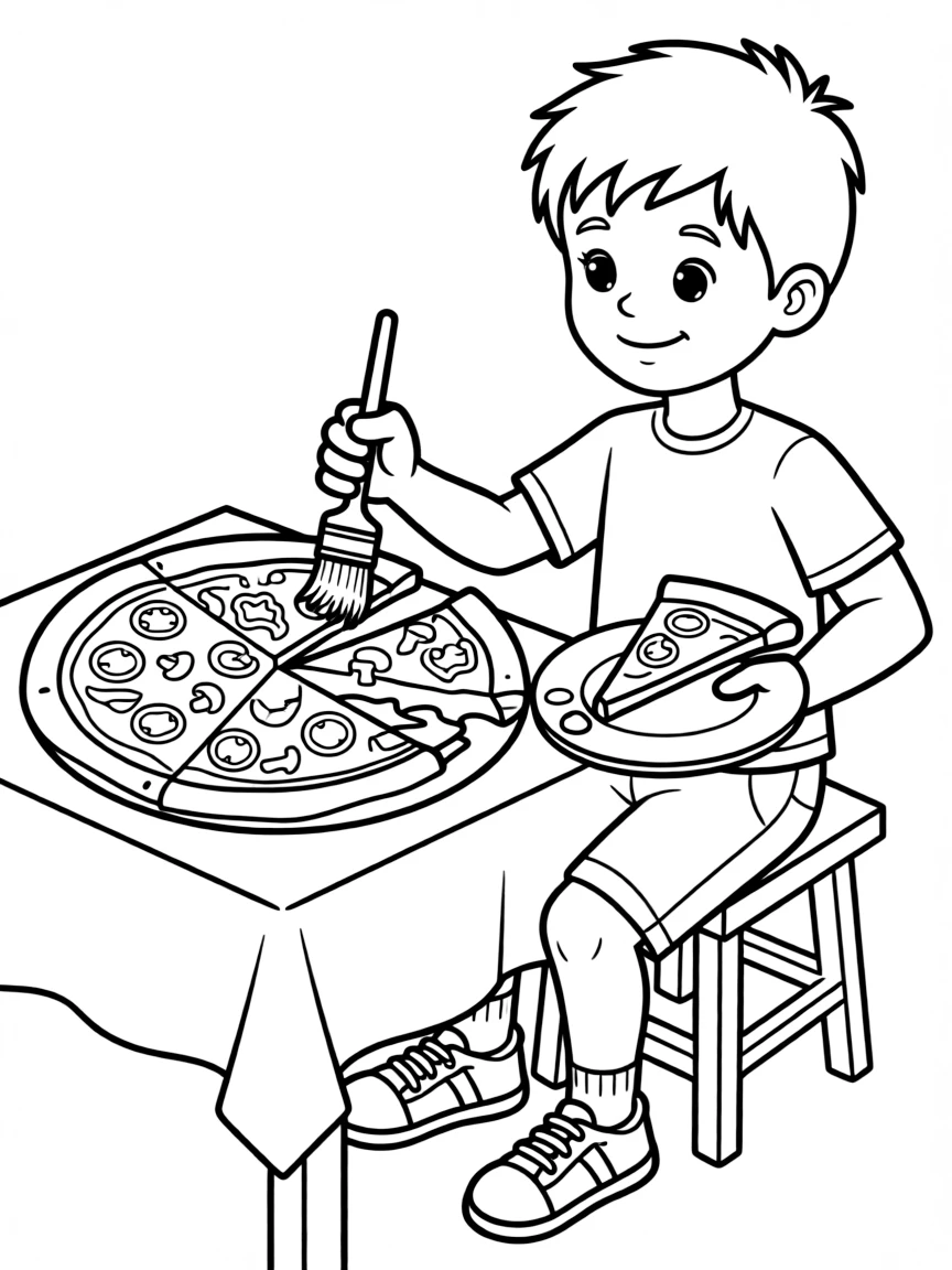 (Italy) A boy painting a pizza slice