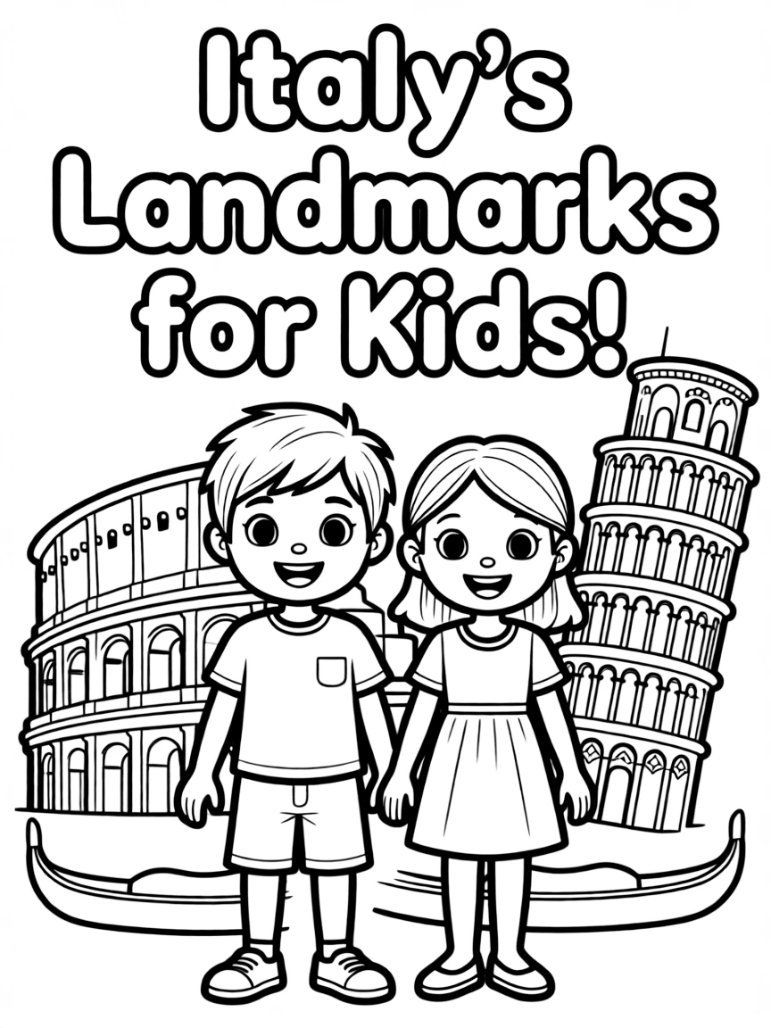 (Italy) A coloring book cover that says “Italy’s Landmarks for Kids!”