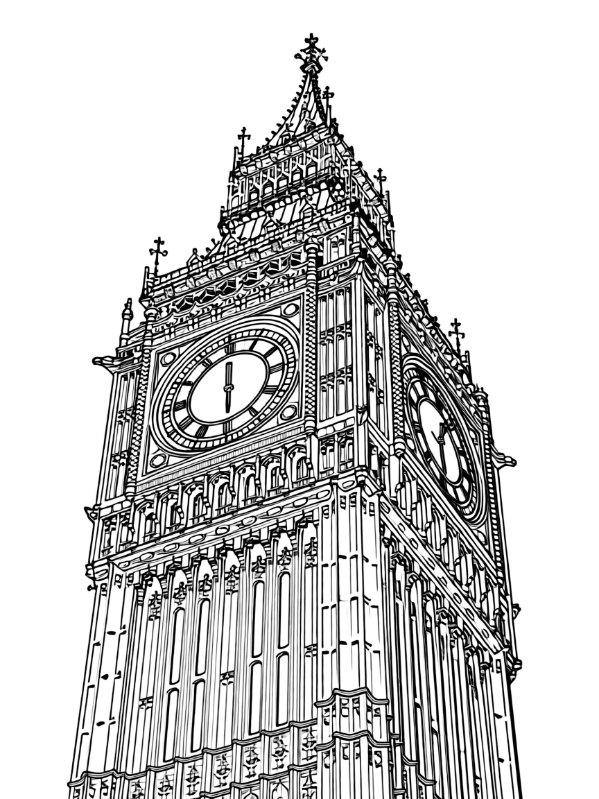 (UK, United Kingdom) Big Ben clock tower with large clock face and detailed Gothic architecture