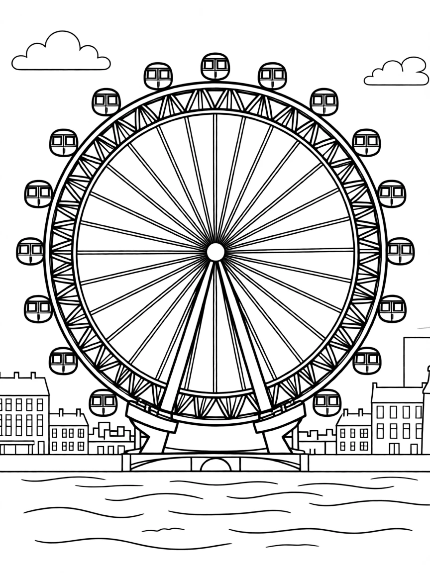 (UK, United Kingdom) London Eye ferris wheel with passenger pods and Thames River below