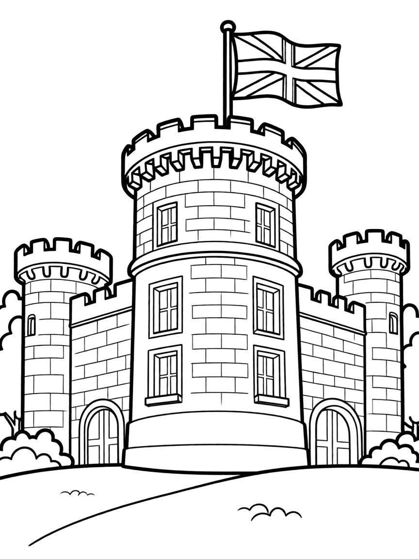 (UK, United Kingdom) Windsor Castle with round tower and flag flying on top