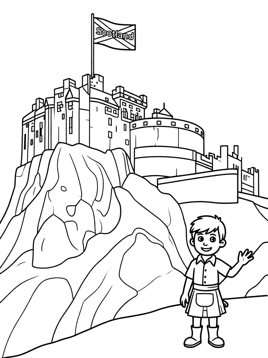 (UK, United Kingdom) Edinburgh Castle perched on rocky cliff with Scottish flag