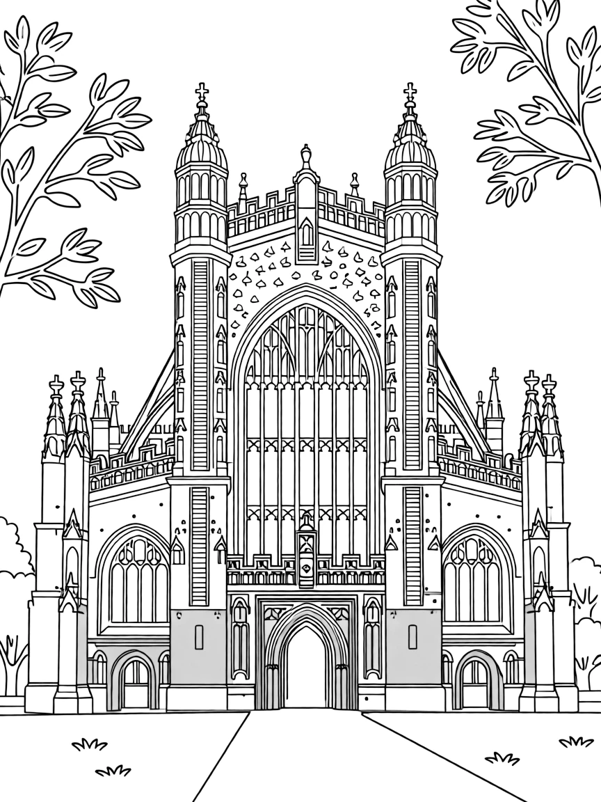 (UK, United Kingdom) Bath Abbey with ornate facade and flying buttresses