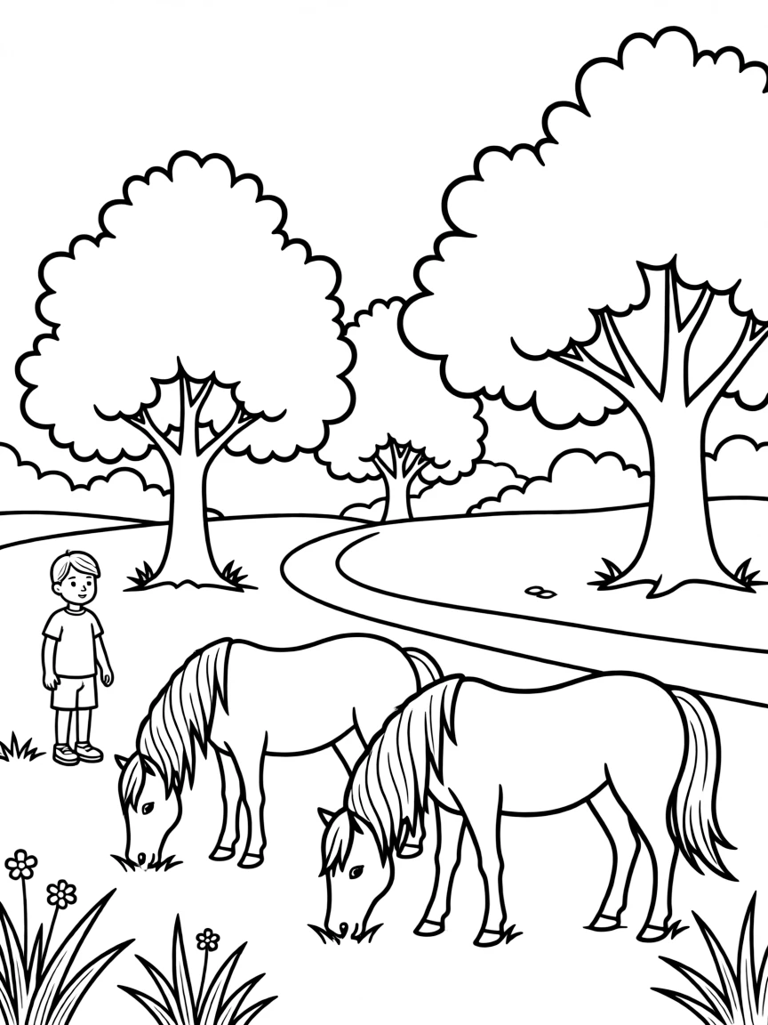 (UK, United Kingdom) New Forest with ponies grazing under trees