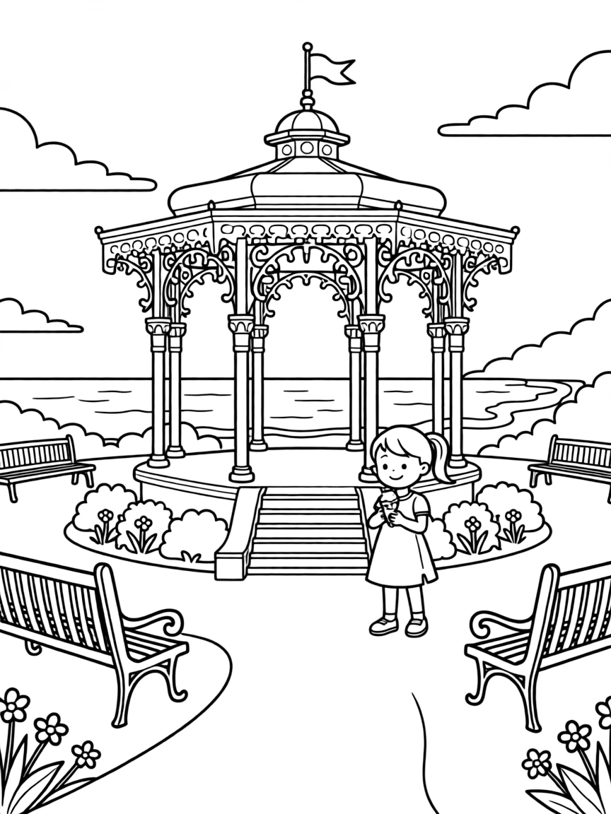 (UK, United Kingdom) Bandstand in seaside park with ornate ironwork