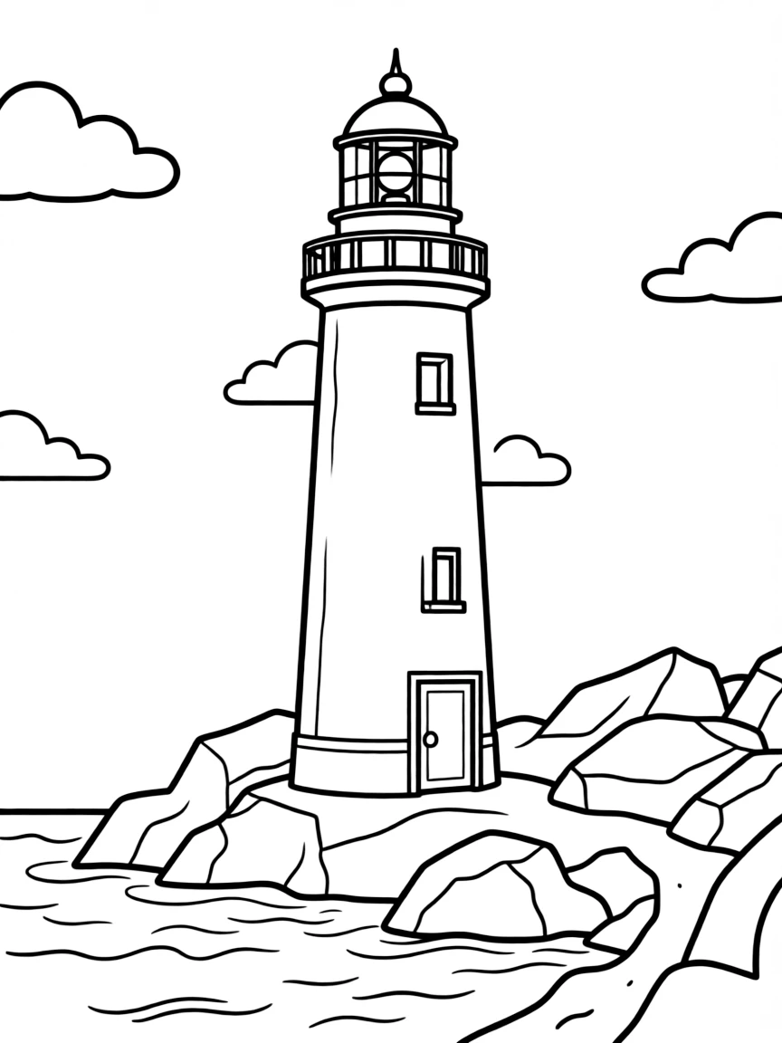 (UK, United Kingdom) Lighthouse on rocky coastline with beacon light