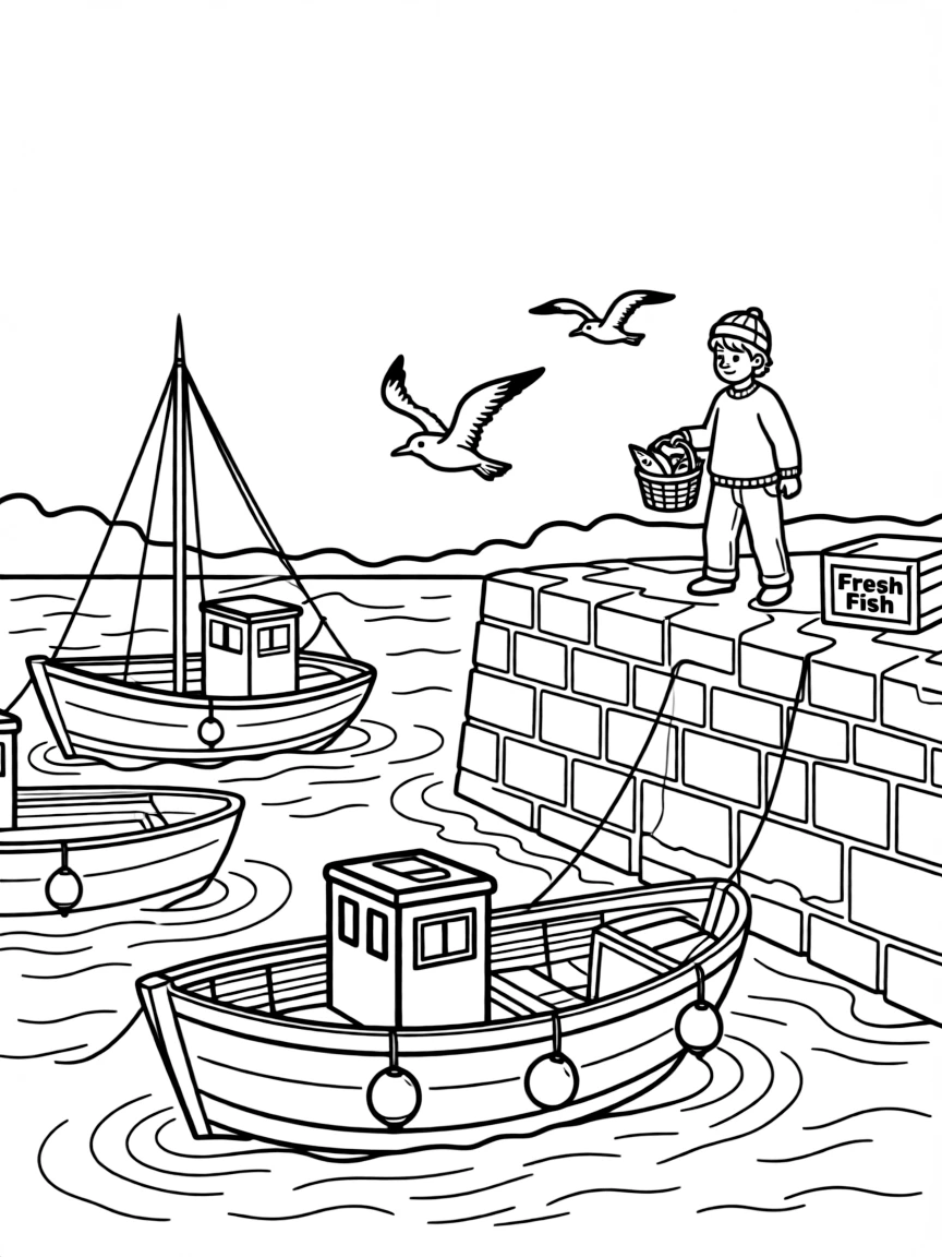 (UK, United Kingdom) Harbor with fishing boats and stone quay