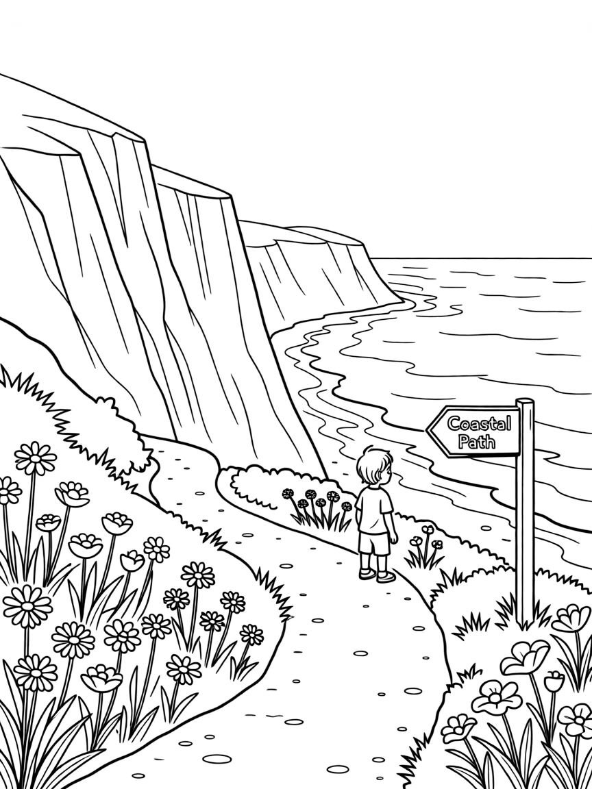 (UK, United Kingdom) Coastal path with wildflowers and cliffs