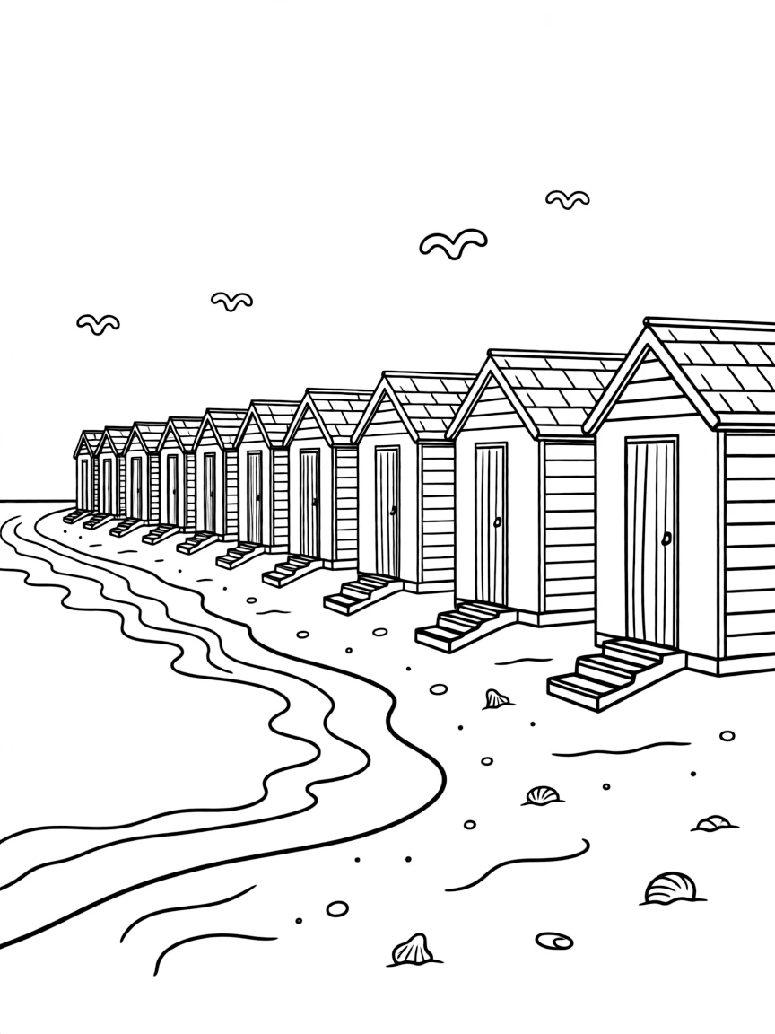 (UK, United Kingdom) Beach huts in rainbow colors along shore