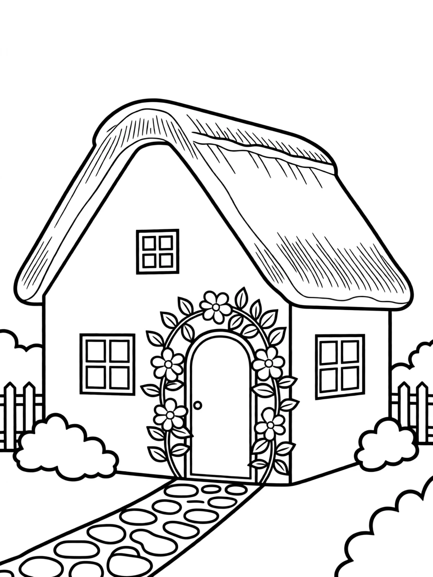(UK, United Kingdom) Thatched cottage with roses around door
