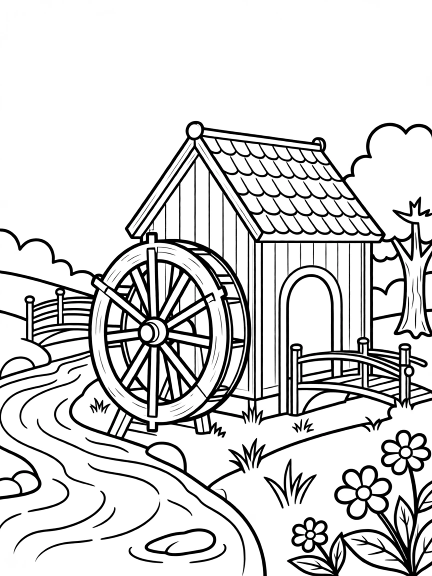 (UK, United Kingdom) Watermill beside flowing stream