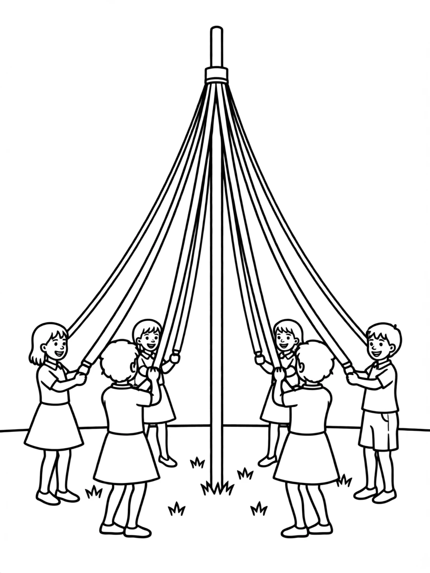 (UK, United Kingdom) Maypole dancing with colorful ribbons