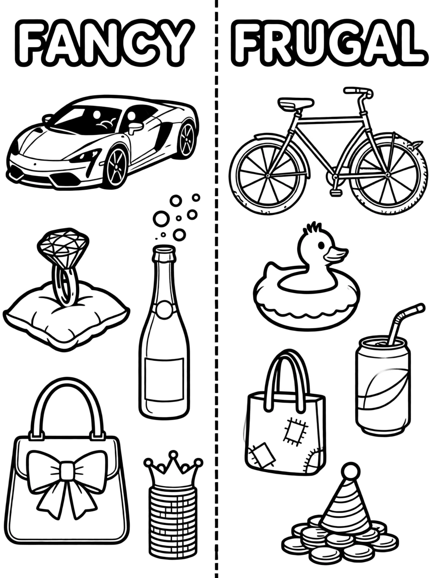 A black-and-white line-art coloring page split down the middle by a bold dashed vertical line. On the left side ("Expensive"), draw a luxury scene: a sports car with sleek curves, a diamond ring on a velvet cushion, a champagne bottle popping with bubbles, a designer handbag with a bow, and a stack of gold coins with a crown on top. On the right side ("Cheap"), draw a playful contrast: a beat-up bicycle with a wobbly wheel, a rubber duck ring, a soda can with a bent straw, a patched tote bag, and a small pile of pennies with a paper party hat. Add small labels above each side in bubble-letter style: "FANCY" over the left, "FRUGAL" over the right.