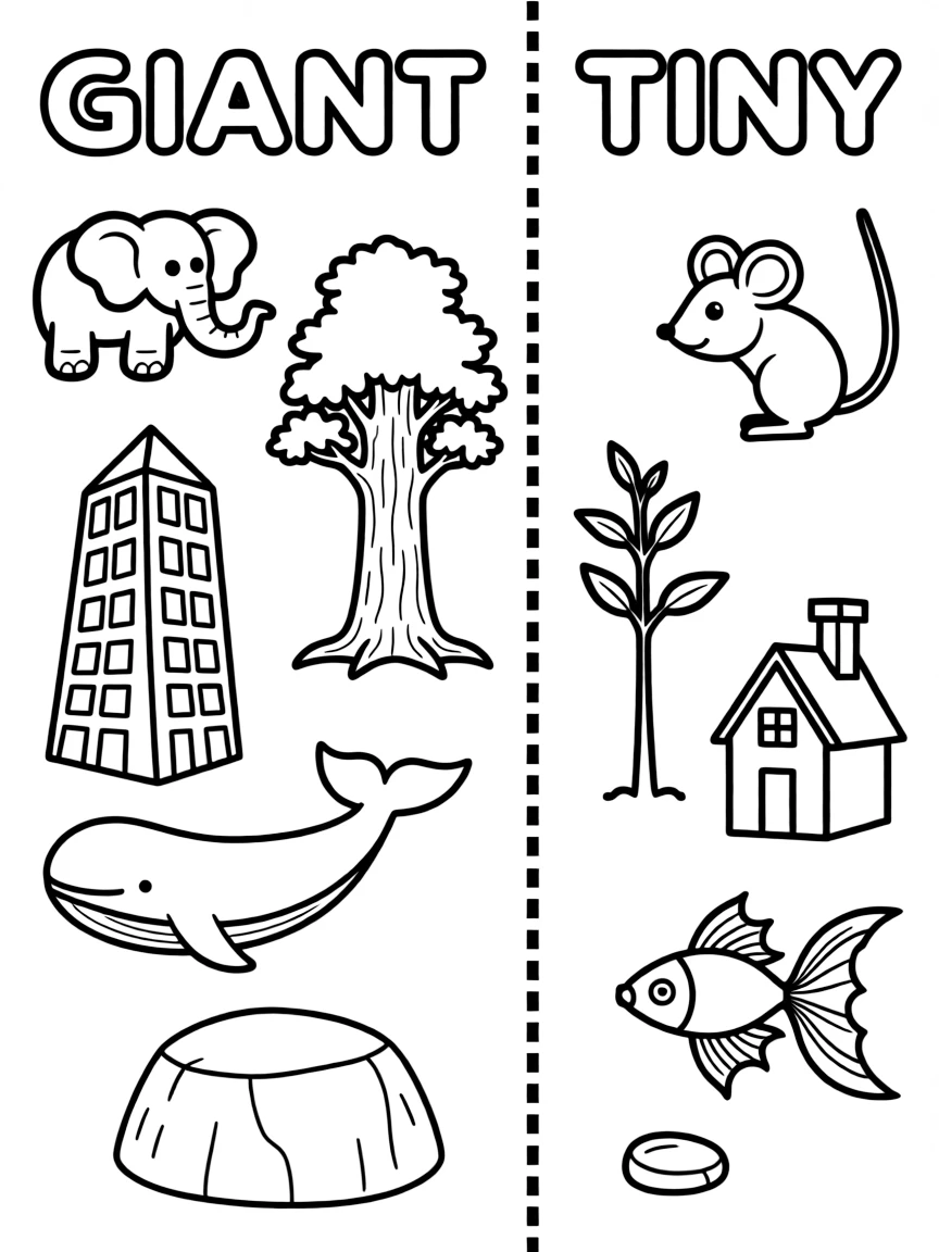 A black-and-white line-art coloring page split down the middle by a bold dashed vertical line. On the left side ("Giant"), draw an elephant, a redwood tree, a skyscraper, a whale, and a boulder. On the right side ("Tiny"), draw a mouse, a sapling, a tiny cottage, a goldfish, and a pebble. Add small labels above each side in bubble-letter style: "GIANT" over the left, "TINY" over the right.
