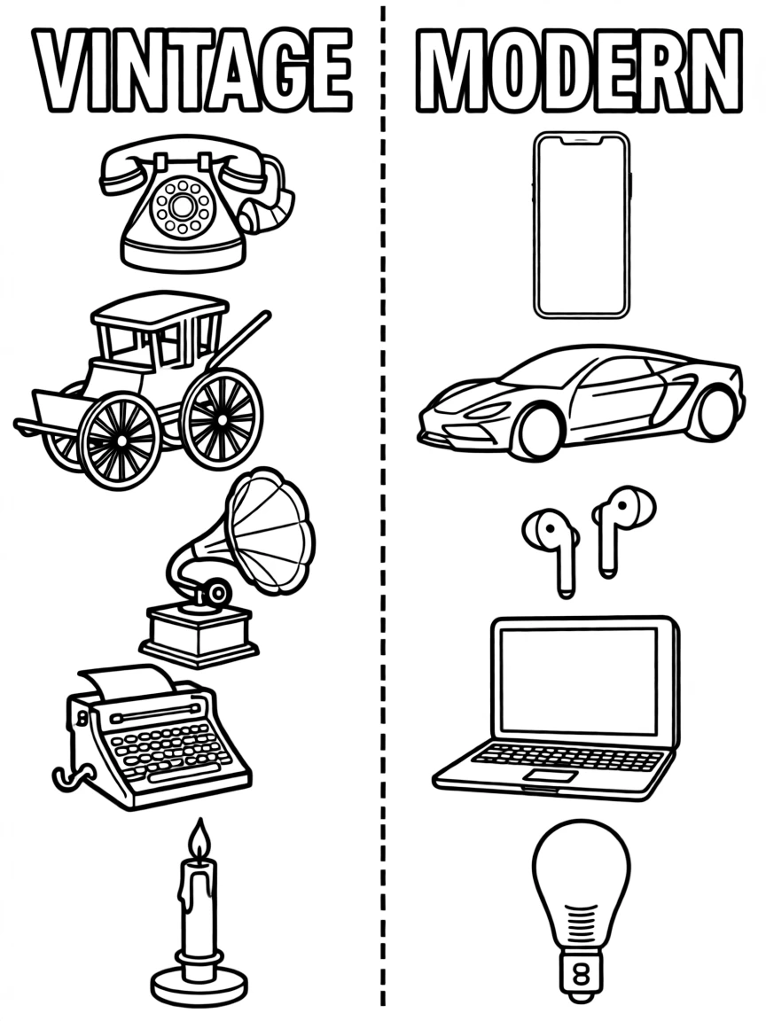 A black-and-white line-art coloring page split down the middle by a bold dashed vertical line. On the left side ("Vintage"), draw an antique rotary phone, a horse-drawn carriage, a gramophone with a large horn, a typewriter, and a candle in a holder. On the right side ("Modern"), draw a smartphone, a sports car, wireless earbuds, a laptop, and a smart lightbulb. Add small labels above each side in bubble-letter style: "VINTAGE" over the left, "MODERN" over the right.