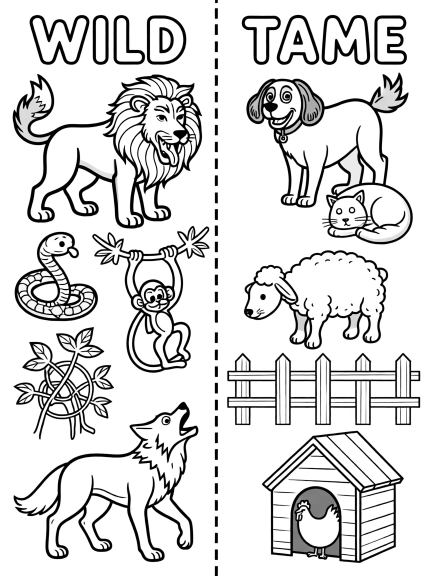 A black-and-white line-art coloring page split down the middle by a bold dashed vertical line. On the left side ("Wild"), draw a roaring lion, a coiled snake, a swinging monkey, a tangled jungle vine, and a howling wolf. On the right side ("Tame"), draw a wagging dog, a curled-up cat, a grazing sheep, a fenced garden, and a hen in a coop. Add small labels above each side in bubble-letter style: "WILD" over the left, "TAME" over the right.