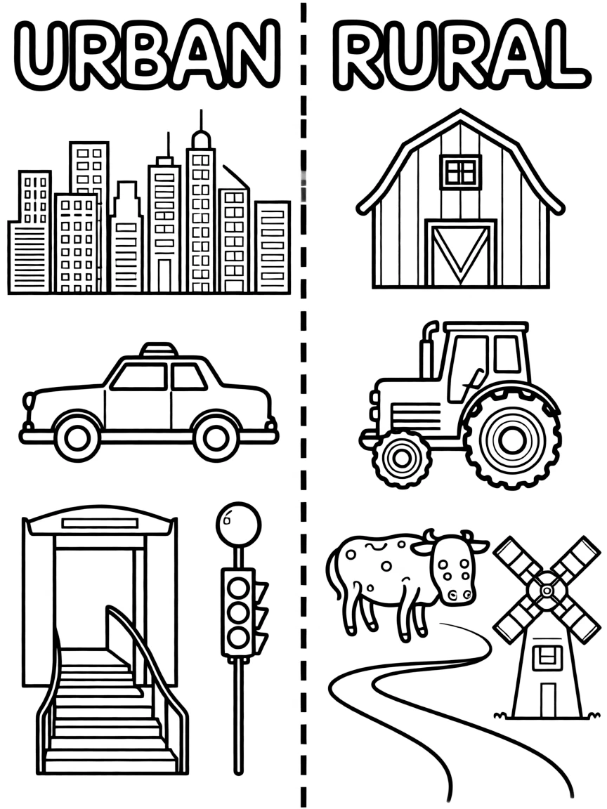 A black-and-white line-art coloring page split down the middle by a bold dashed vertical line. On the left side ("Urban"), draw a row of skyscrapers, a taxi cab, a subway entrance, a traffic light, and a street lamp. On the right side ("Rural"), draw a red barn, a tractor, a grazing cow, a windmill, and a winding dirt path. Add small labels above each side in bubble-letter style: "URBAN" over the left, "RURAL" over the right.