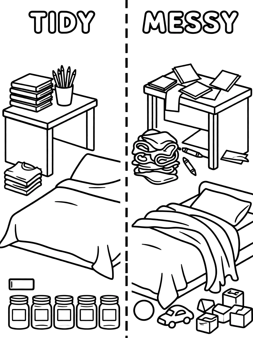 A black-and-white line-art coloring page split down the middle by a bold dashed vertical line. On the left side ("Tidy"), draw a neatly organized desk with books stacked evenly, pencils lined up in a cup, a folded stack of clothes, a made bed with smooth blankets, and a row of labeled jars. On the right side ("Messy"), draw a cluttered desk with papers scattered everywhere, crayons strewn about, a pile of tangled clothes, an unmade bed with rumpled sheets, and toys scattered on the floor. Add small labels above each side in bubble-letter style: "TIDY" over the left, "MESSY" over the right.