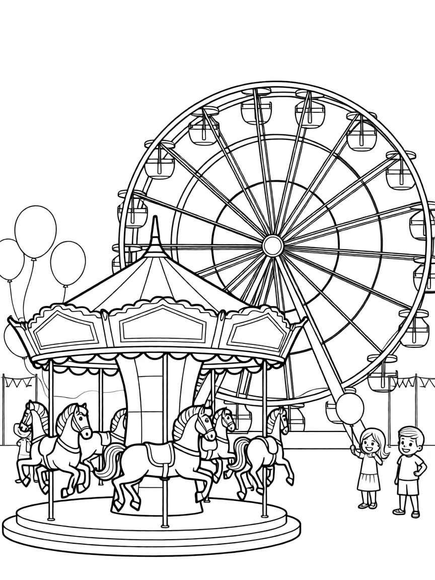 (UK, United Kingdom) Funfair with carousel and big wheel
