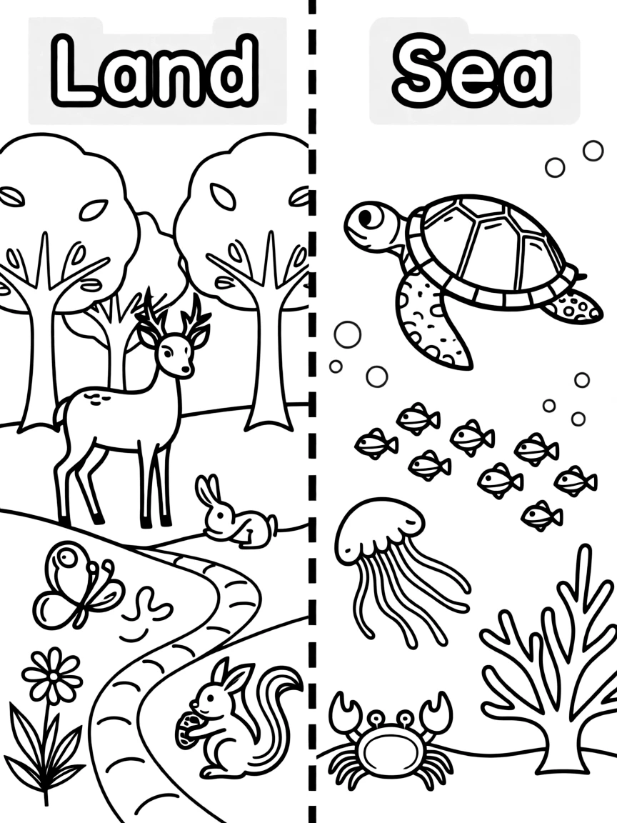 A black-and-white line-art coloring page split down the middle by a bold dashed vertical line. On the left side ("Land"), draw a deer standing among trees, a rabbit, a butterfly on a flower, a squirrel with an acorn, and a winding hiking trail. On the right side ("Sea"), draw a sea turtle, a school of fish, a jellyfish, a crab, and a cluster of coral. Add small labels above each side in bubble-letter style: "Land" over the left, "Sea" over the right.