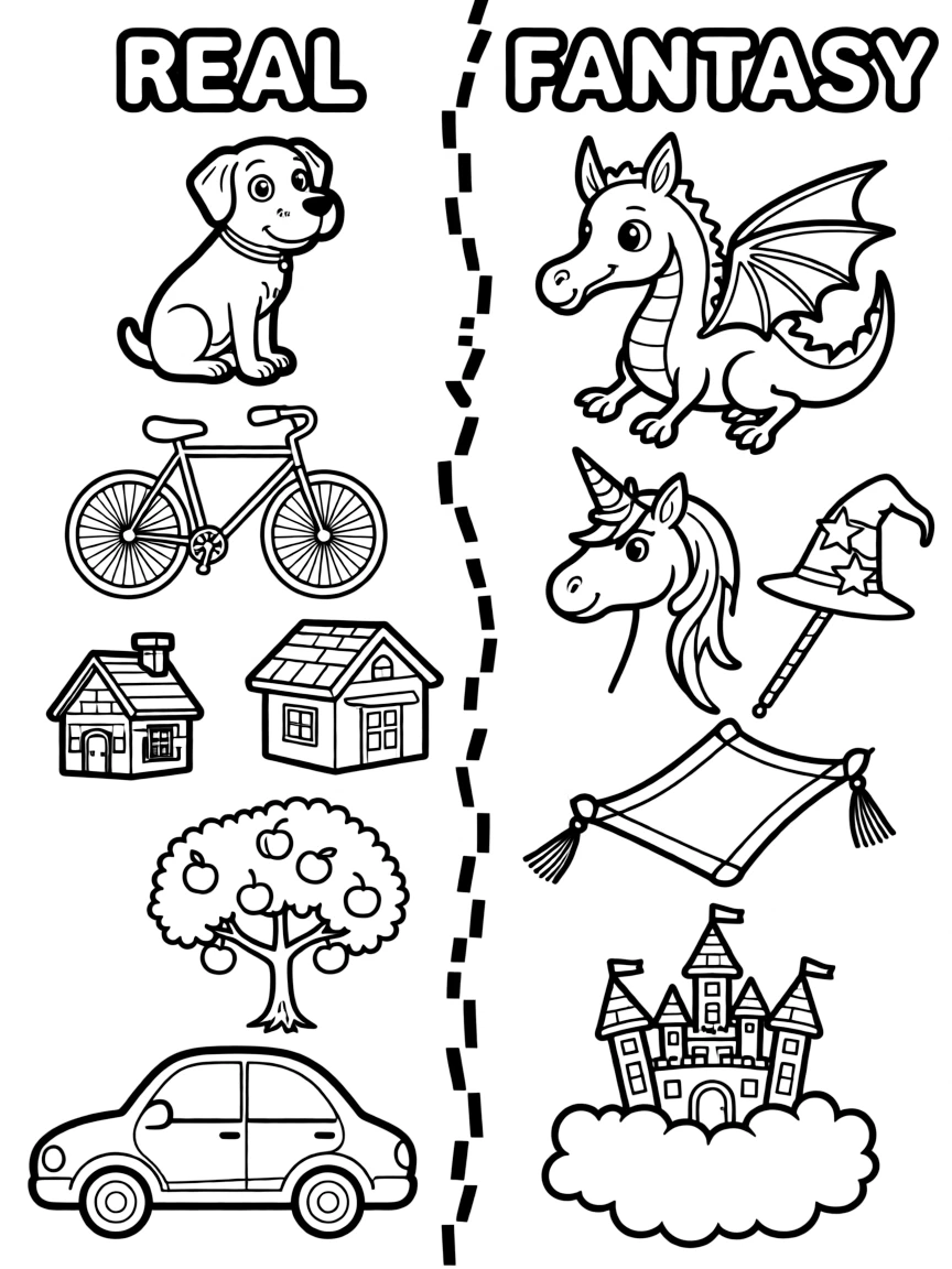 A black-and-white line-art coloring page split down the middle by a bold dashed vertical line. On the left side ("Real"), draw a dog, a bicycle, a house, an apple tree, and a car. On the right side ("Fantasy"), draw a dragon, a unicorn, a wizard's hat and wand, a flying carpet, and a castle floating on a cloud. Add small labels above each side in bubble-letter style: "REAL" over the left, "FANTASY" over the right.