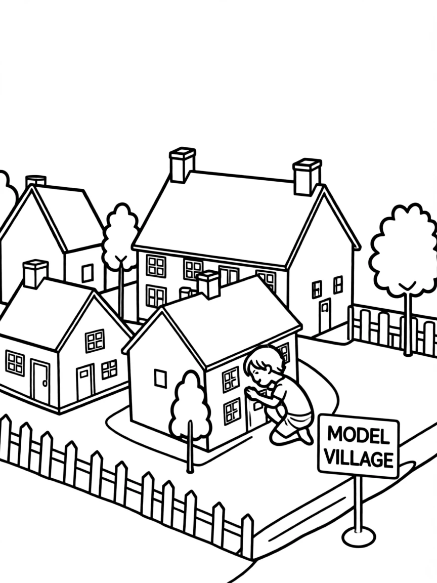 (UK, United Kingdom) Model village with miniature buildings