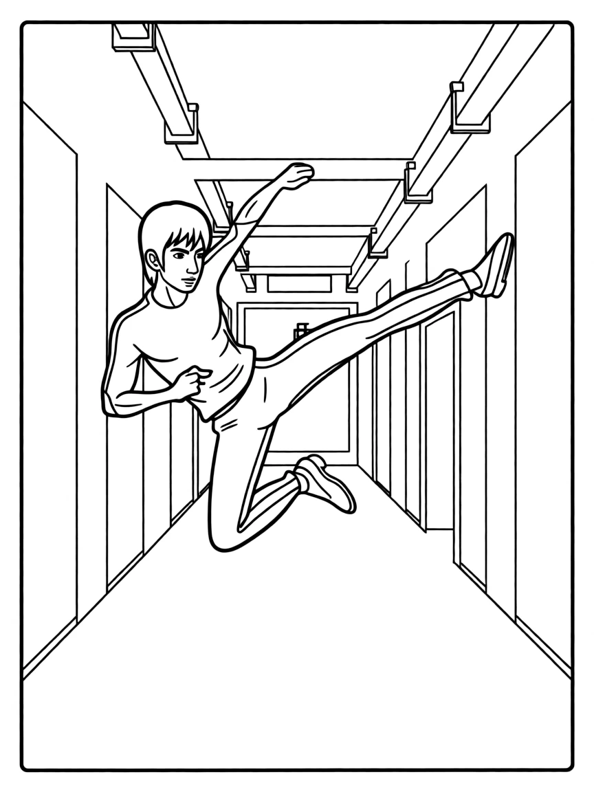 Bruce Lee in yellow jumpsuit performing a flying kick in a dimly lit underground corridor (inspired by *Game of Death*).