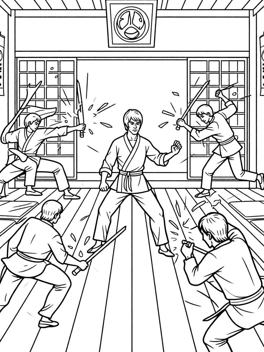 Bruce Lee facing multiple attackers in a dojo with shattered weapons and flying splinters (inspired by *Fist of Fury*).