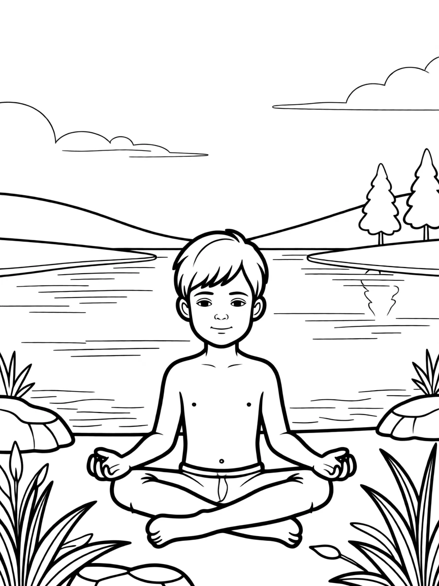 Bruce Lee meditating shirtless by a peaceful lake with mist rising in the early morning.