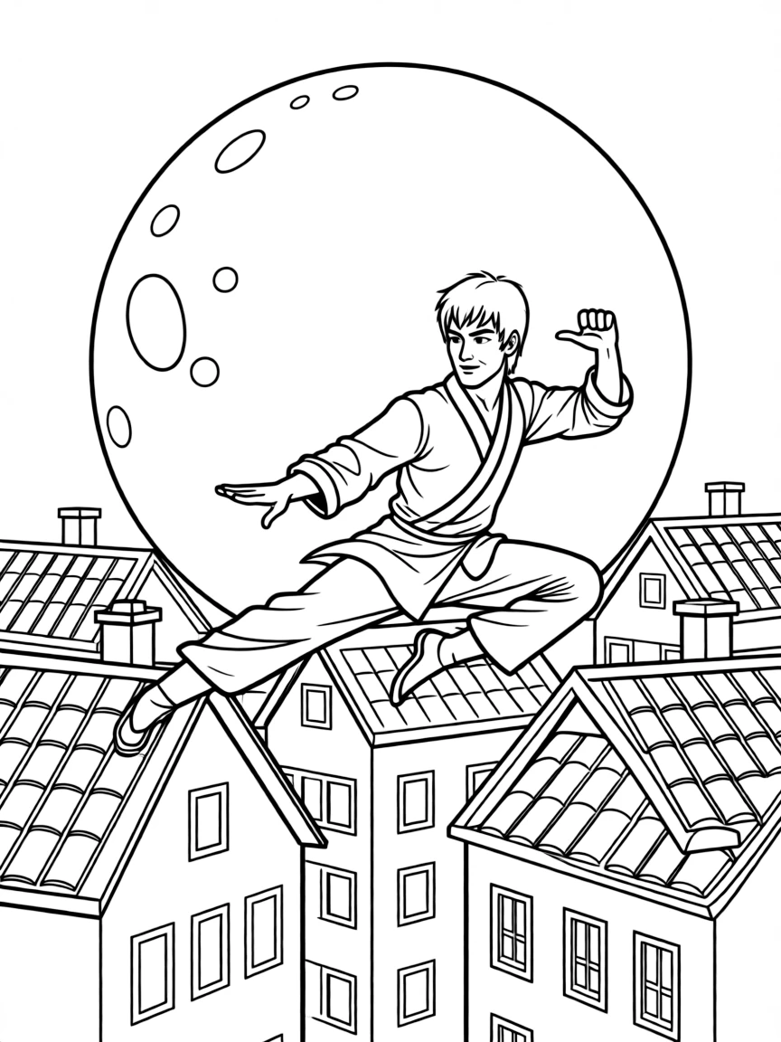 Bruce Lee leaping between rooftops during a night chase under a full moon.