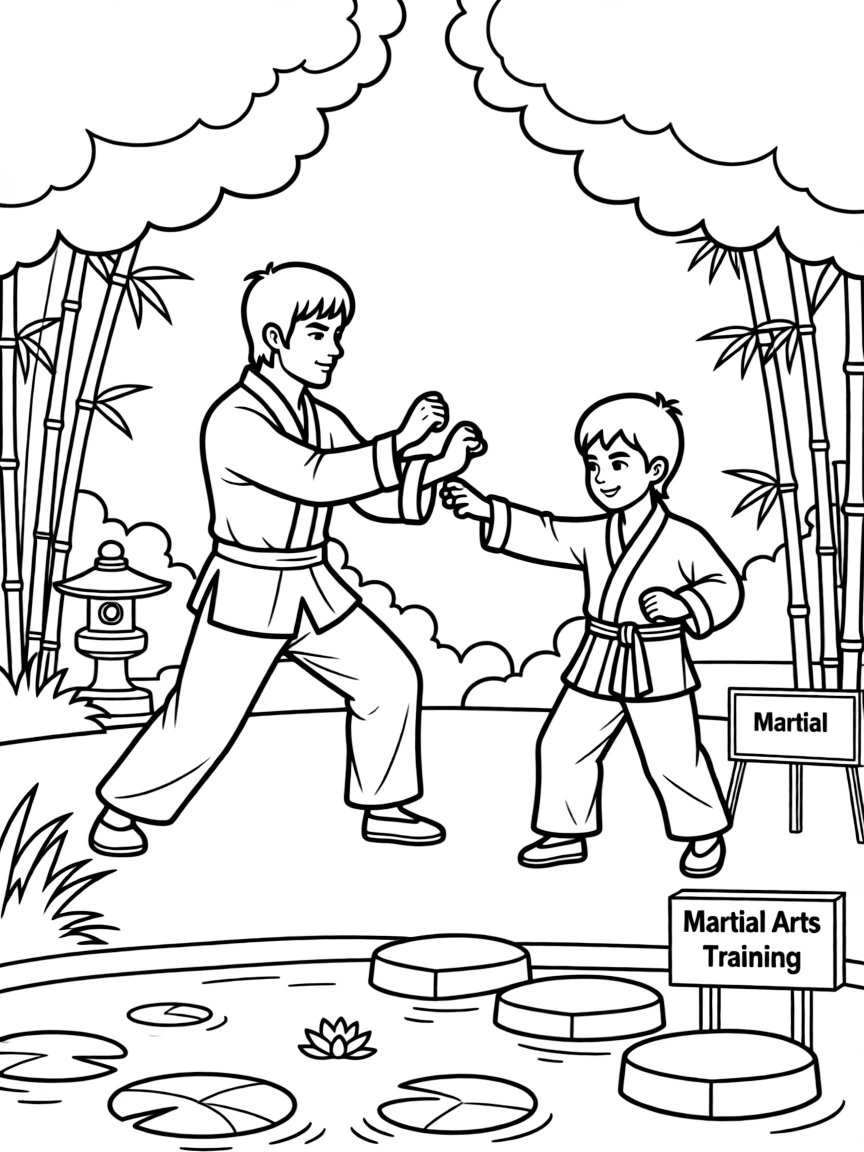 Bruce Lee training with a student, showing different stances and punches in a serene garden.
