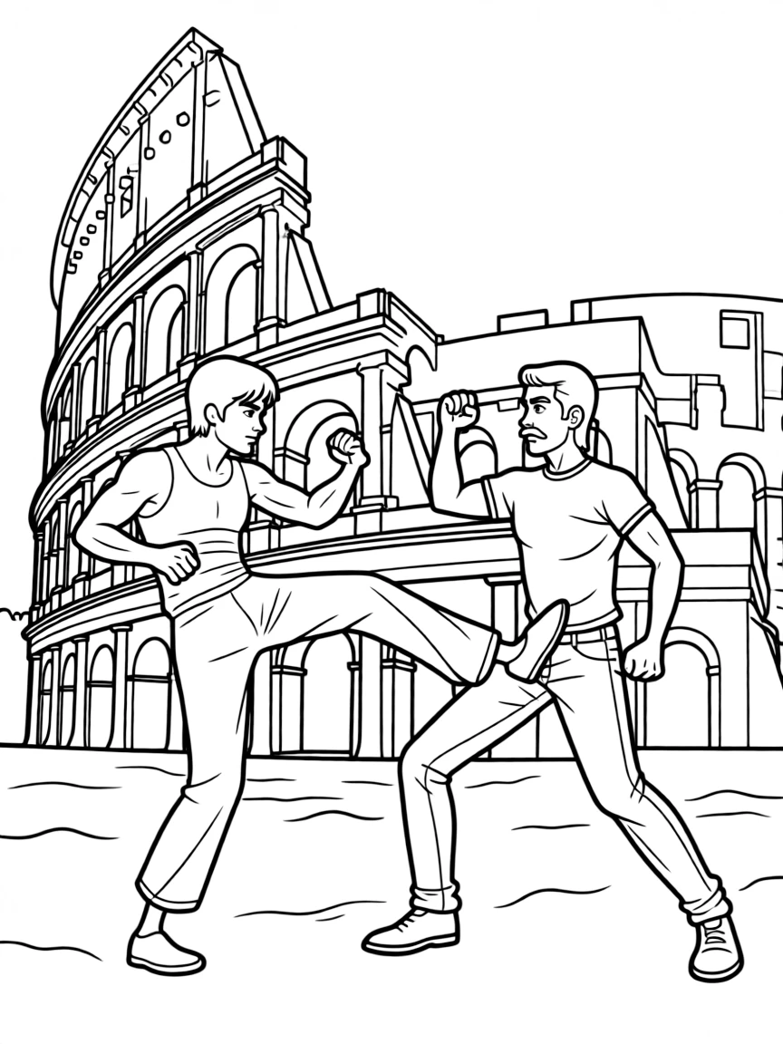 Bruce Lee in a showdown with Chuck Norris in the Colosseum, with intense stances and tension (from *The Way of the Dragon*).