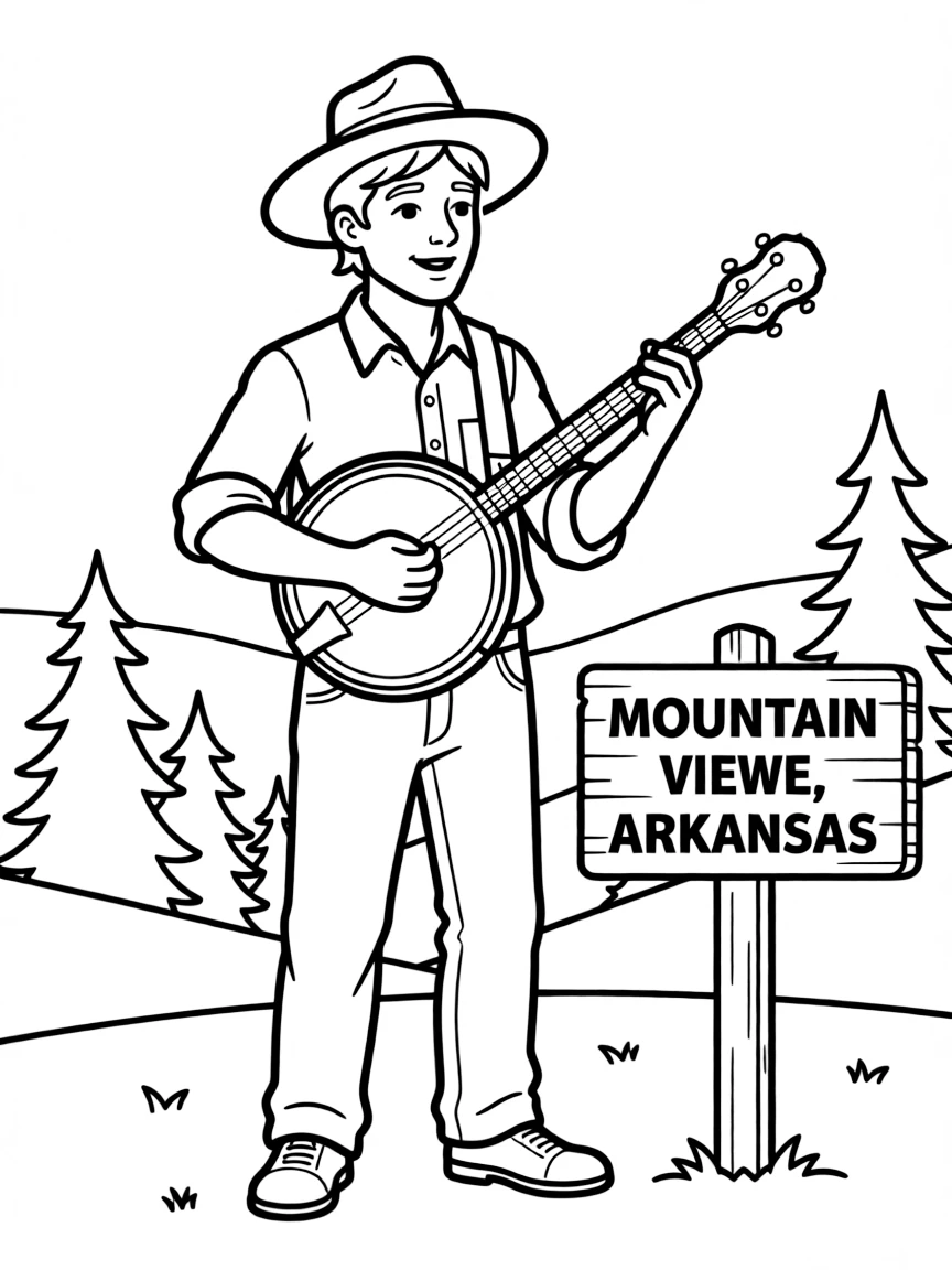 (Arkansas) A folk musician playing a banjo in Mountain View