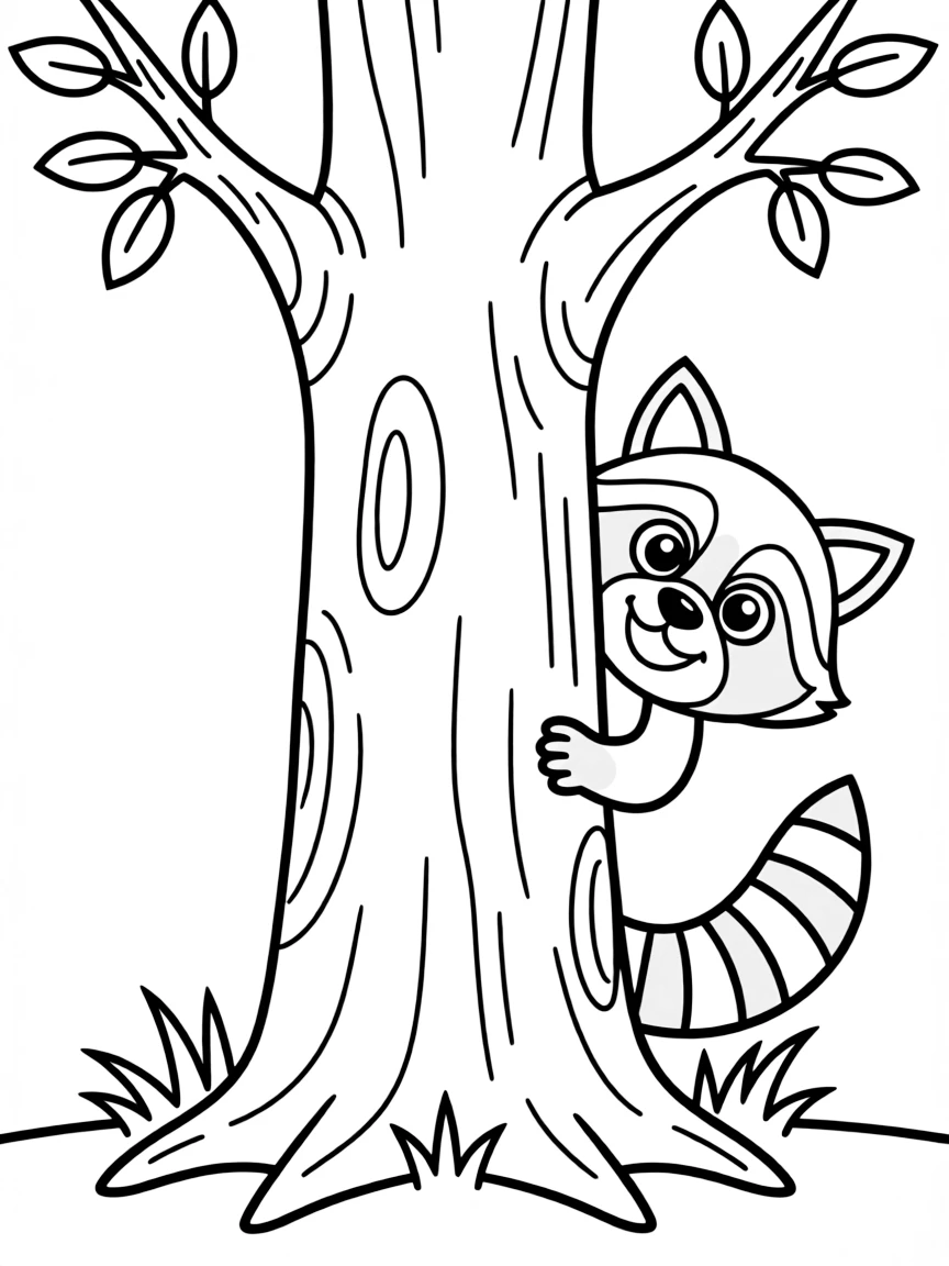 (Arkansas) A friendly raccoon peeking from behind a tree