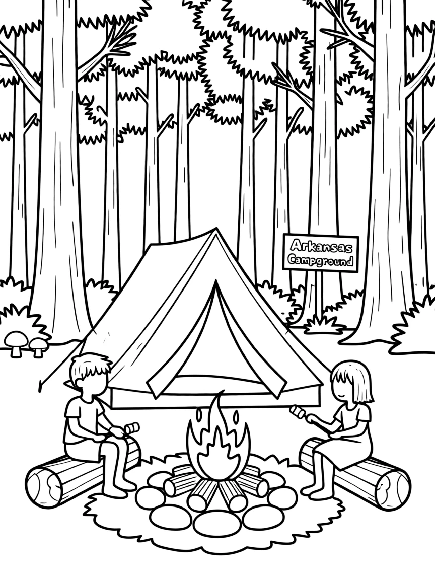 (Arkansas) A campsite with tent and campfire in the woods