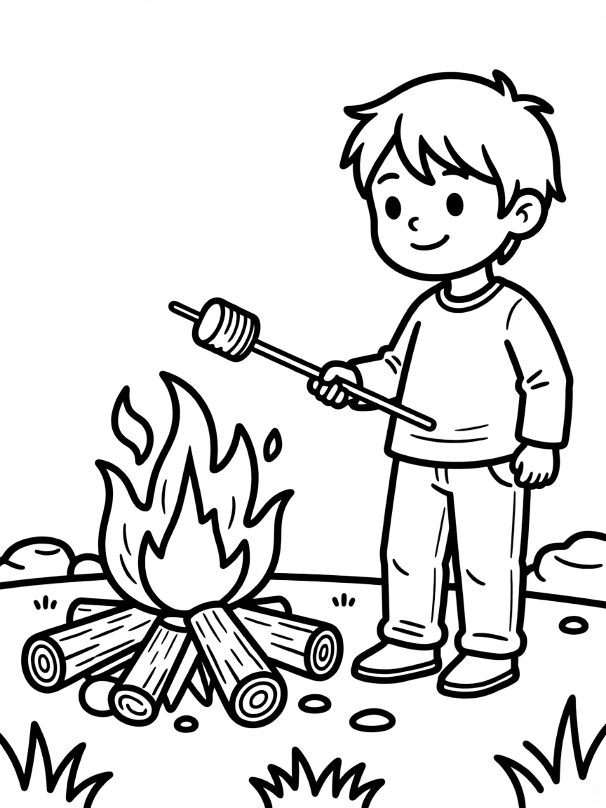 (Arkansas) A child roasting marshmallows over a campfire