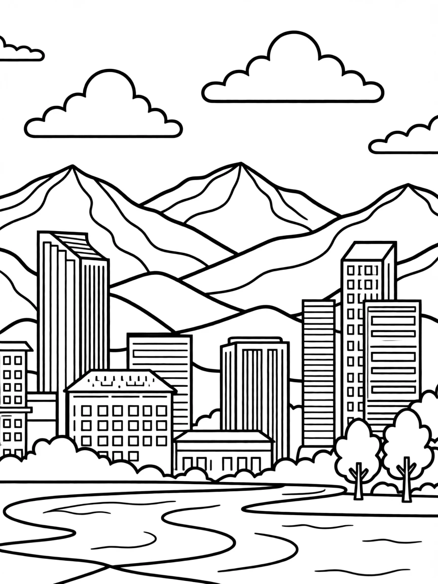 (Colorado) Denver skyline with the Rocky Mountains in the background