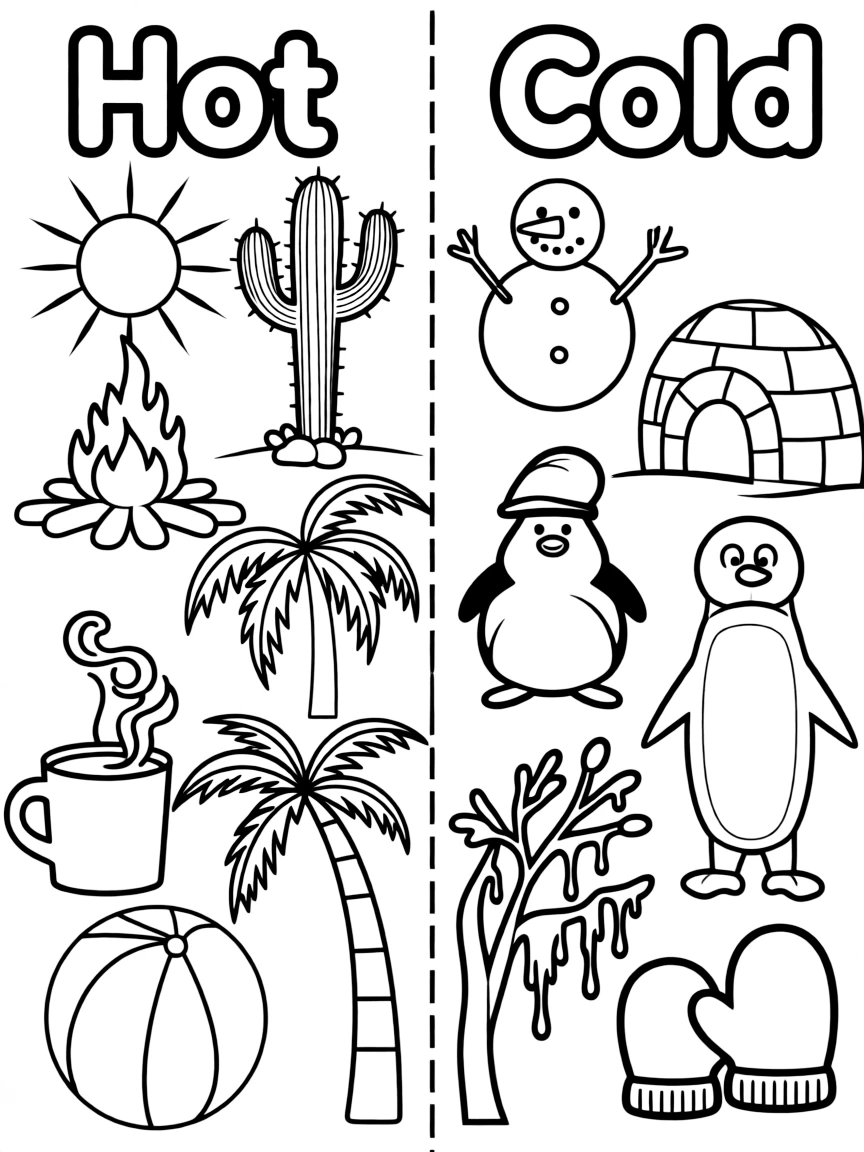A black-and-white line-art coloring page split down the middle by a bold dashed vertical line. On the left side ("Hot"), draw a blazing campfire, a cactus in the desert sun, a cup of steaming cocoa, a palm tree, and a beach ball. On the right side ("Cold"), draw a snowman, an igloo, a penguin, an icicle-covered branch, and a pair of mittens. Add small labels above each side in bubble-letter style: "Hot" over the left, "Cold" over the right.