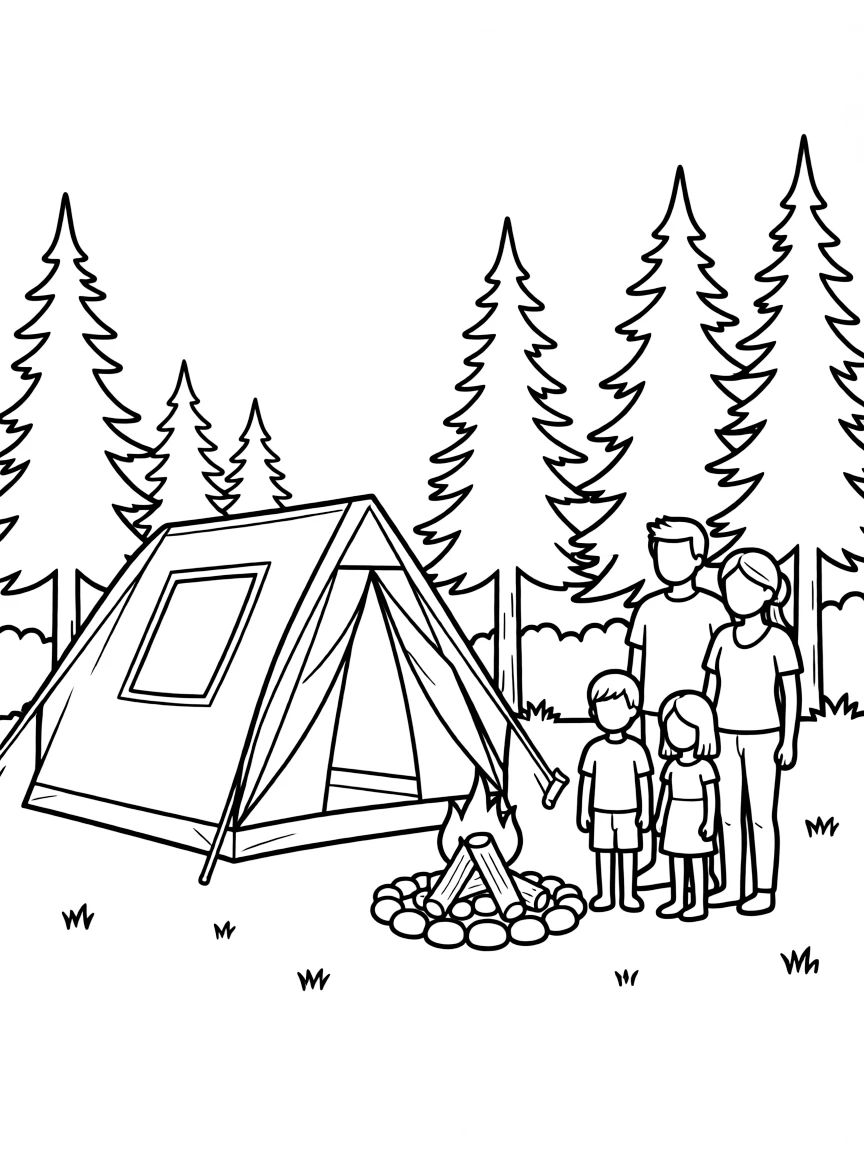 (Colorado) A family camping in a forest with a tent and fire