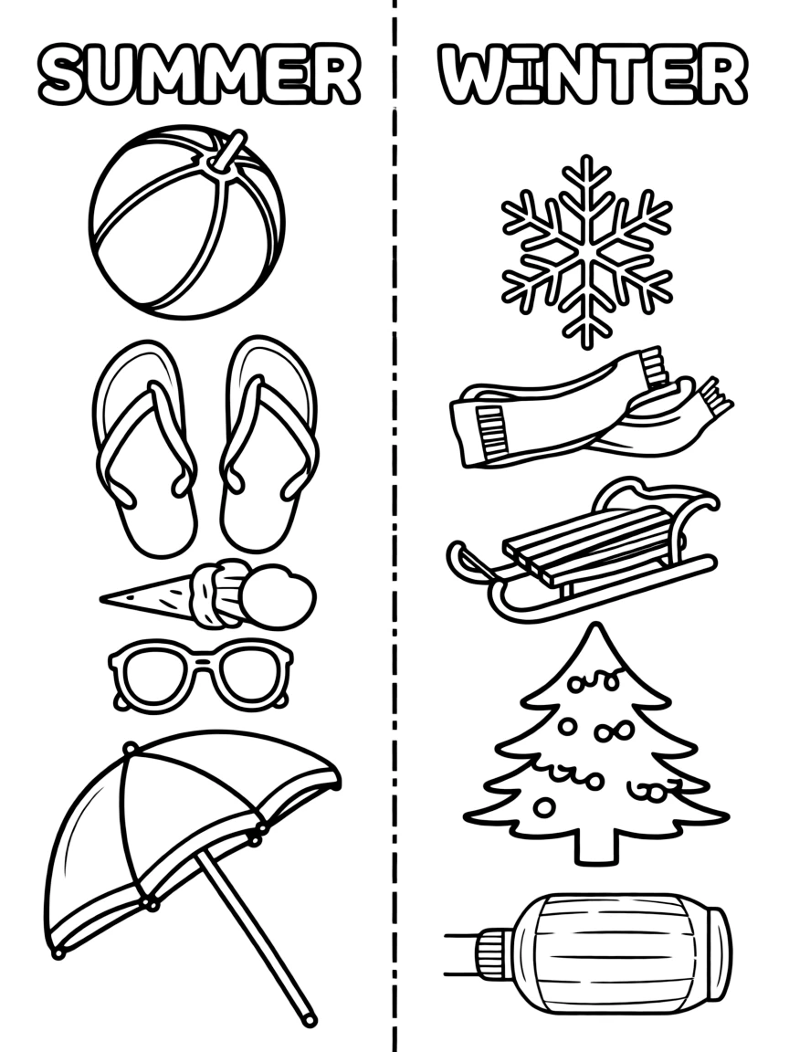 A black-and-white line-art coloring page split down the middle by a bold dashed vertical line. On the left side ("Summer"), draw a beach ball, a pair of flip-flops, an ice cream cone, sunglasses, and a beach umbrella. On the right side ("Winter"), draw a snowflake, a wool scarf, a sled, a pine tree dusted with snow, and a hot water bottle. Add small labels above each side in bubble-letter style: "SUMMER" over the left, "WINTER" over the right.