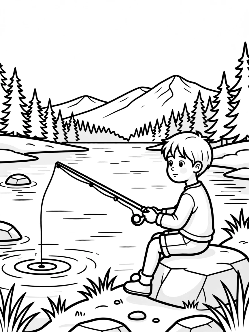 (Colorado) A child fishing in a clear mountain lake