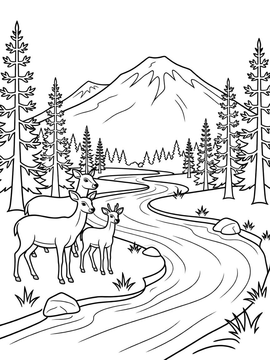 (Colorado) A herd of deer near a mountain river