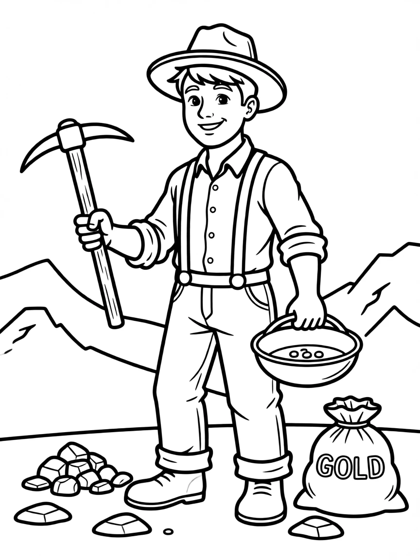 (Colorado) A miner with a pickaxe and gold pan